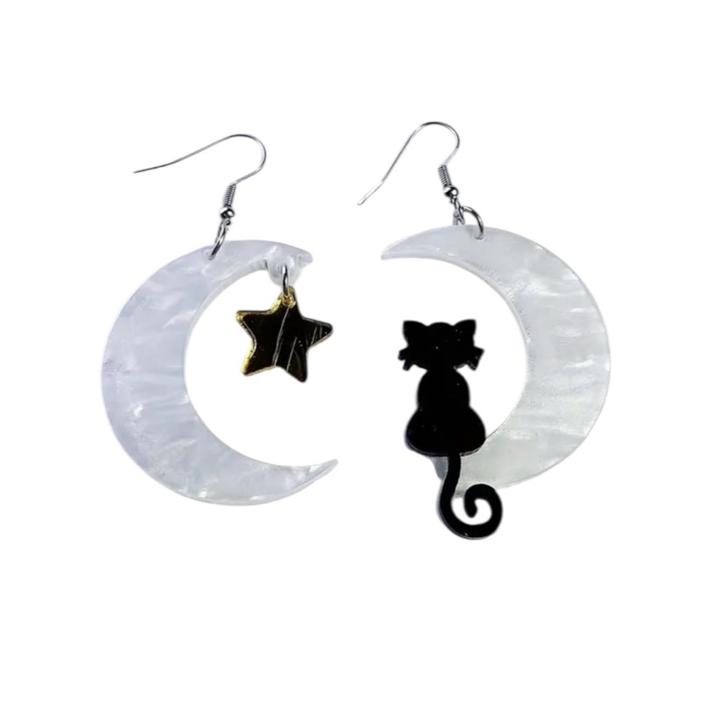 White Moon and Cat Dangle Earrings